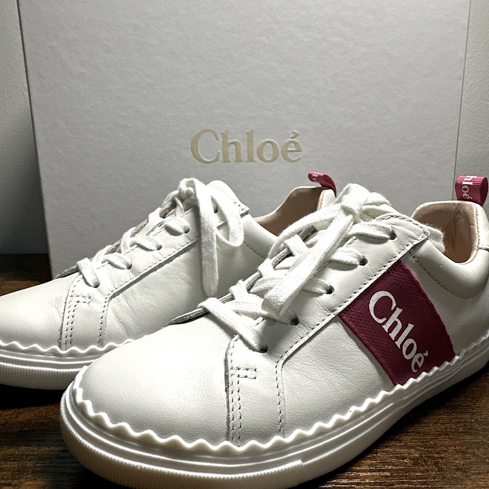 Chloe off-white Lauren Leather Sneaker kids Scalloped design Salmon with logo